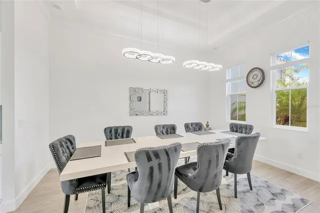 a view of a dinning tables and chairs in a patio