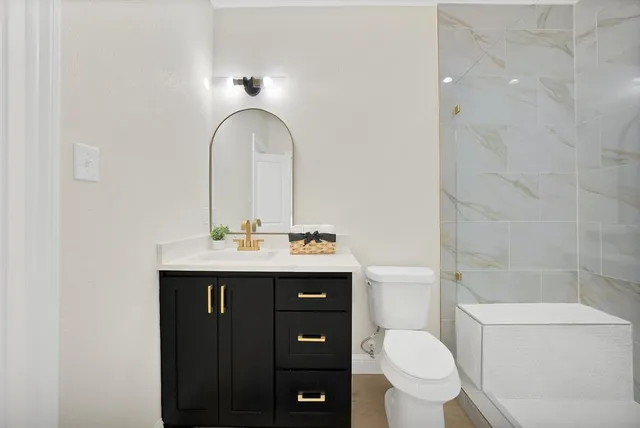 a bathroom with a sink a toilet and a mirror