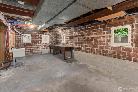 a storage room with wooden walls