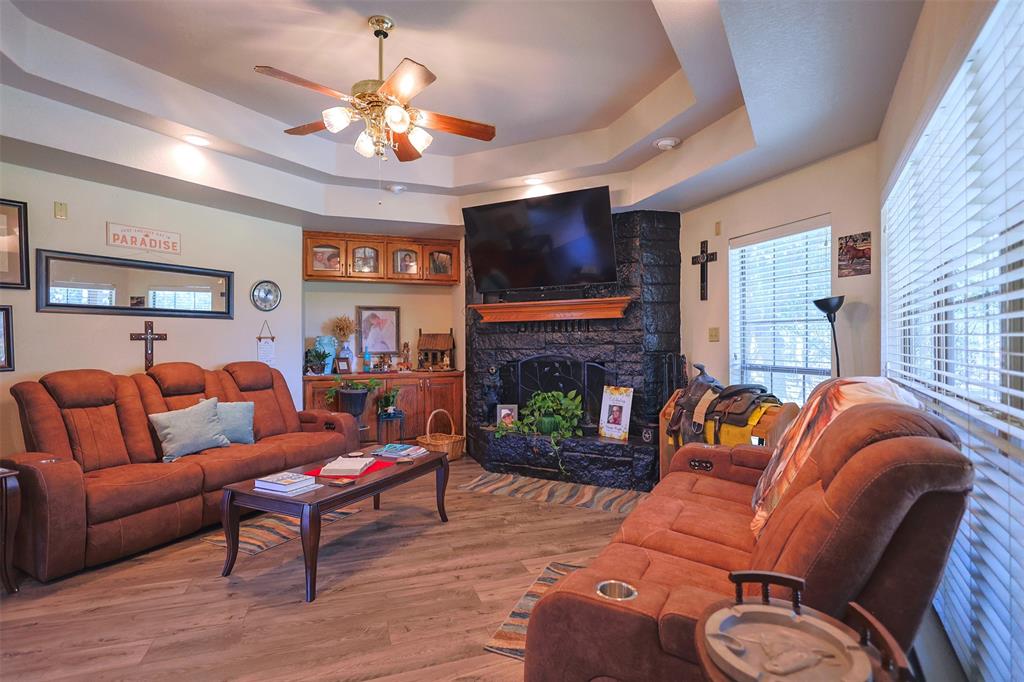 111 Deerfield Road Paradise, TX 76073 - Photo 8 of 39 Living room featuring a tray ceiling, wood finished floors, a fireplace, and healthy amount of natural light