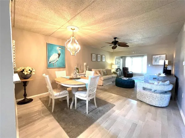 a view of a dining room with furniture