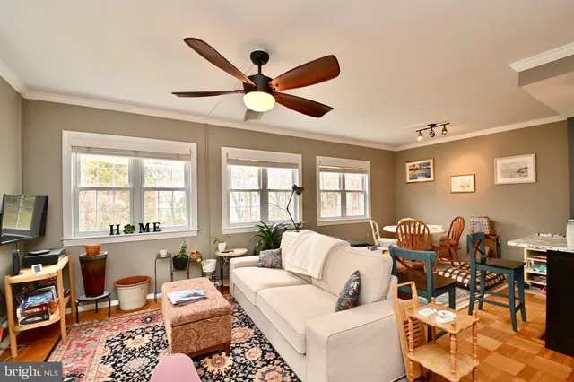 a living room with furniture ceiling fan and a window