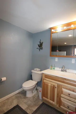 a bathroom with a sink a toilet and mirror