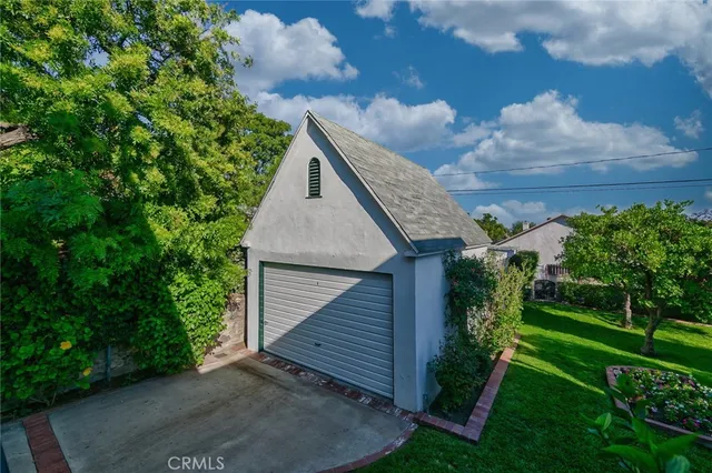 a view of a backyard with plants and large trees