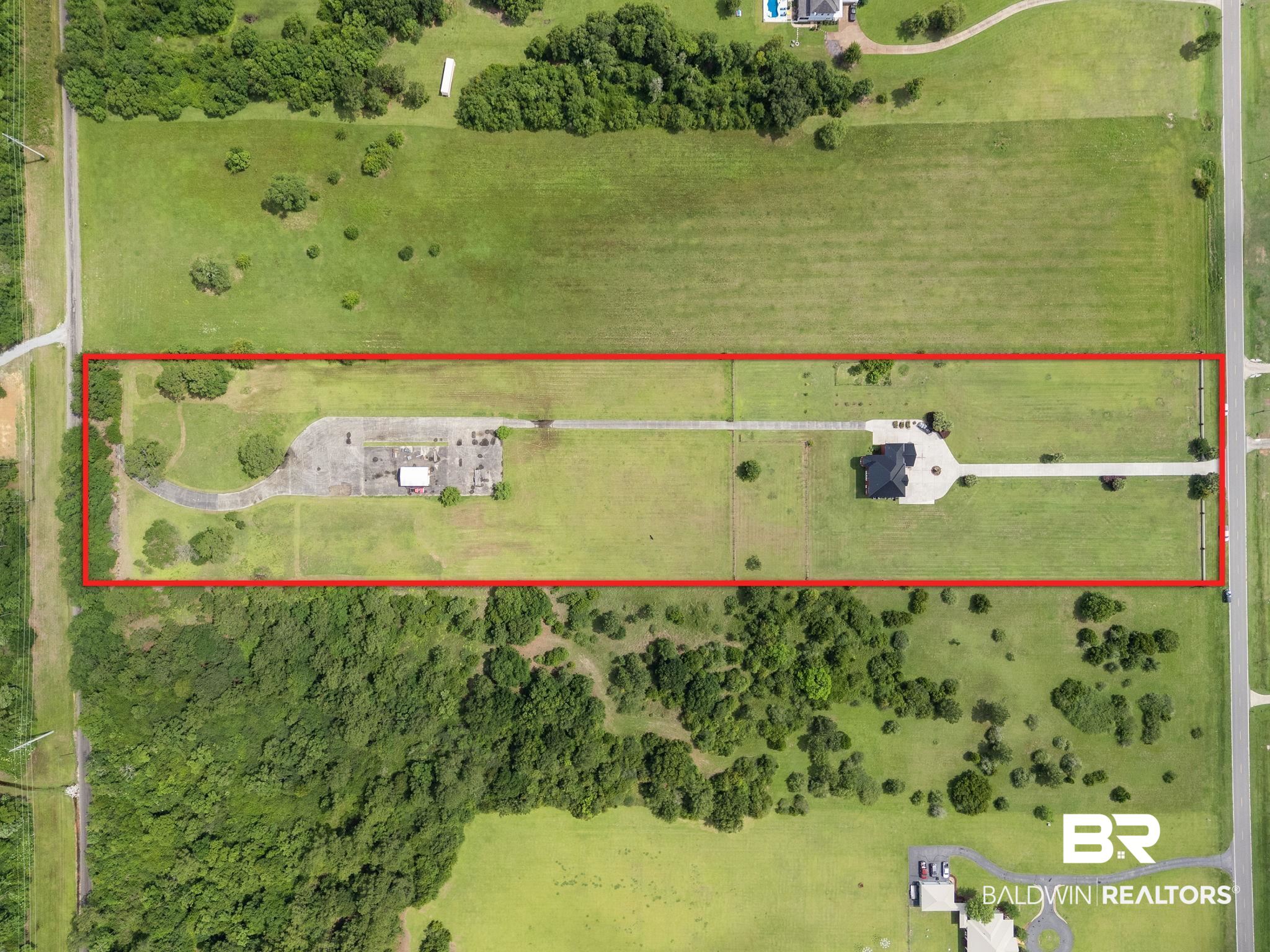 9790 Stucki Road Elberta, AL 36530 - Photo 16 of 72 Aerial view of property and surrounding area with property boundaries highlighted