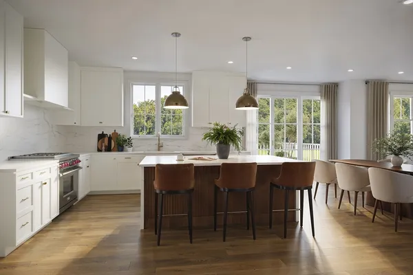 a kitchen with a table chairs stove and cabinets
