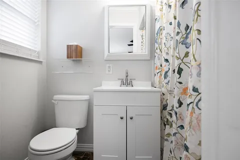 a bathroom with a sink a toilet and shower curtain