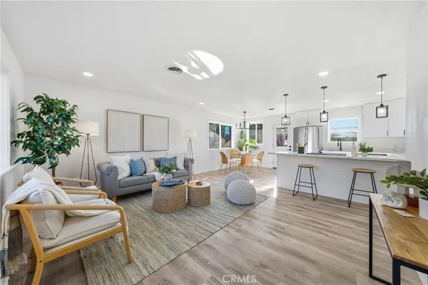 a living room with furniture and a potted plant