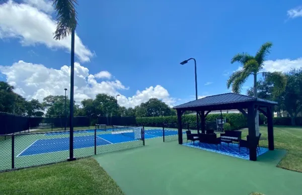 a view of a park with a slide