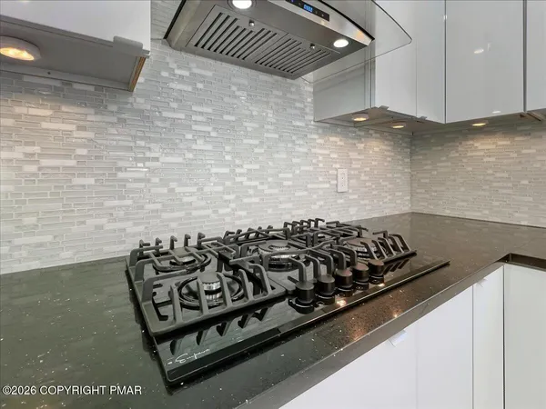 a bathroom with a shower and toilet