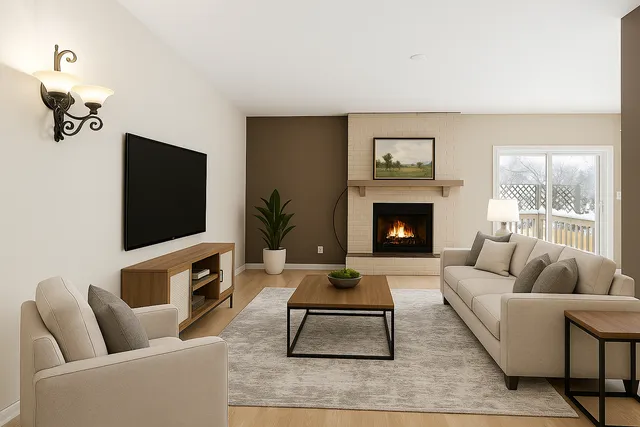 a living room with furniture a fireplace and a flat screen tv