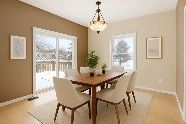 a dining room with furniture and window