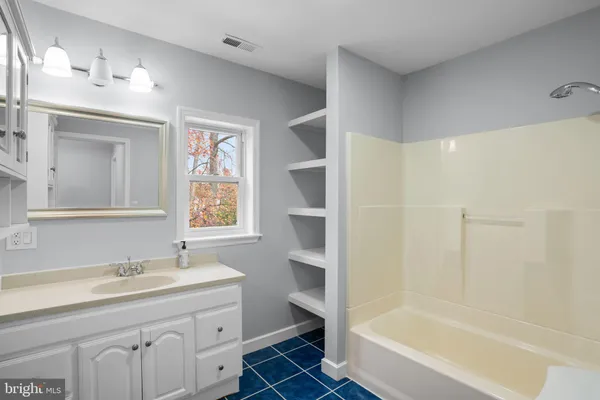 a bathroom with a bathtub shower sink vanity and toilet