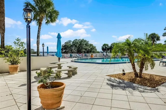 a view of a lake with a sitting space