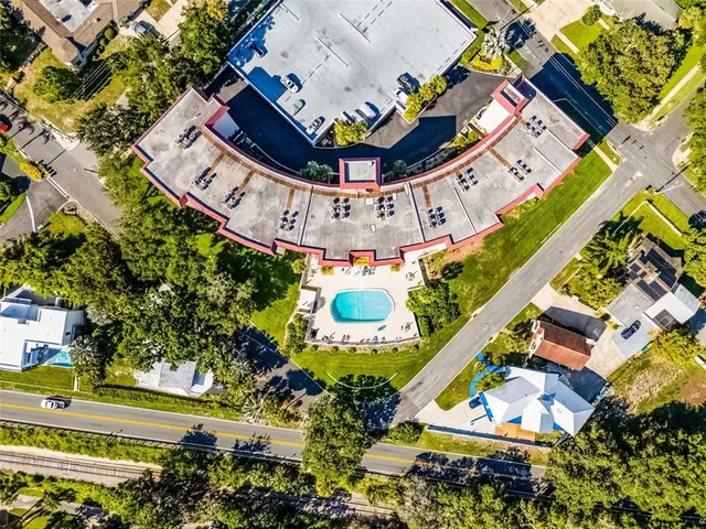 an aerial view of a swimming pool