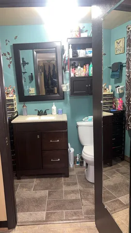 a bathroom with a toilet a sink and mirror