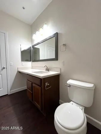 a bathroom with a toilet a sink a mirror and vanity