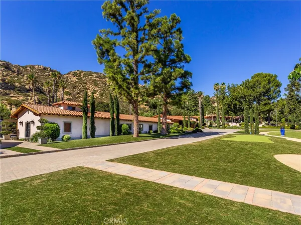 a view of a park with large trees