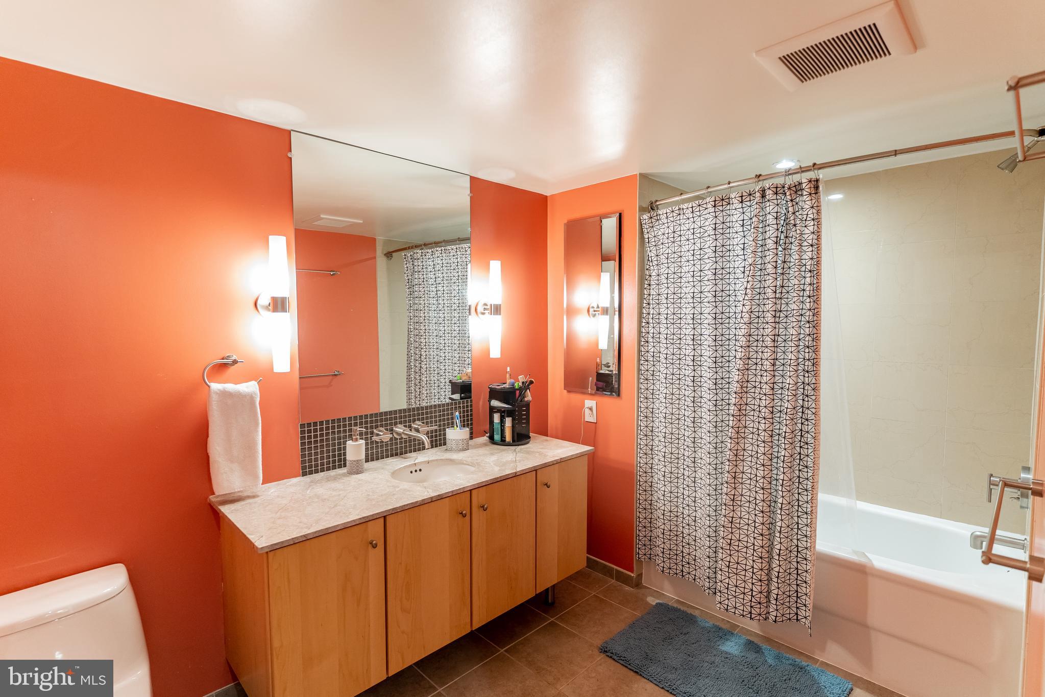 1025 First Street Southeast, Unit 514 Washington, DC 20003 - Photo 10 of 15 a bathroom with a double vanity sink a mirror and a bathtub