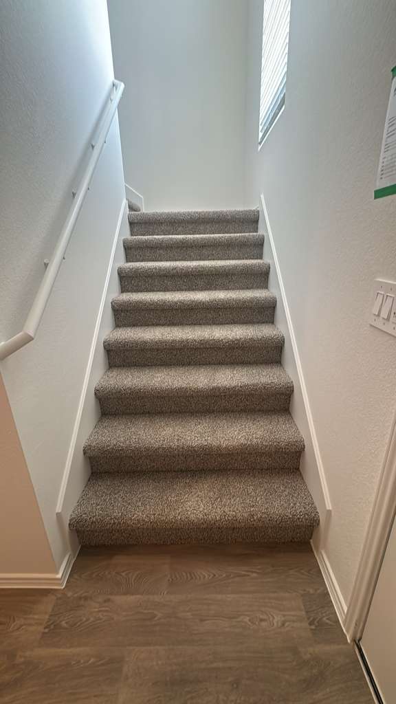 174 Balmorhea Street Kyle, TX 78640 - Photo 14 of 29 A well-lit stairway offers a seamless transition between levels, featuring durable carpeted treads and a practical handrail.