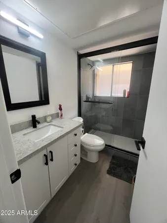 a bathroom with a granite countertop sink toilet and mirror
