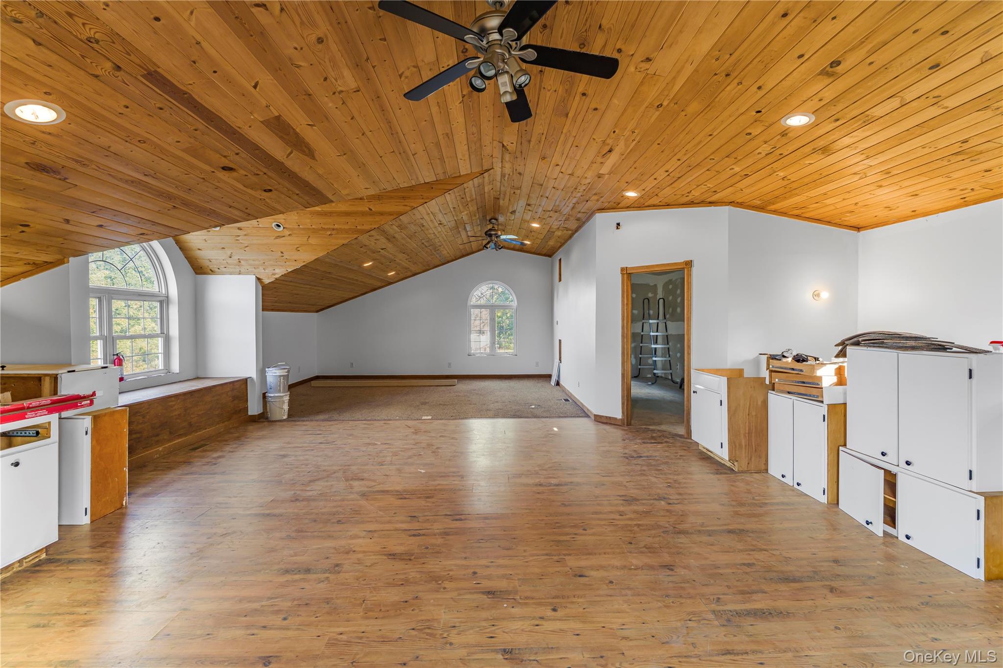 17 Brendella Court Wallkill, NY 12589 - Photo 29 of 39 Additional living space with wood ceiling, light wood finished floors, a ceiling fan, recessed lighting, and lofted ceiling