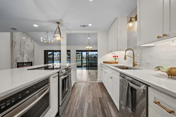 a view of a lake with a garden