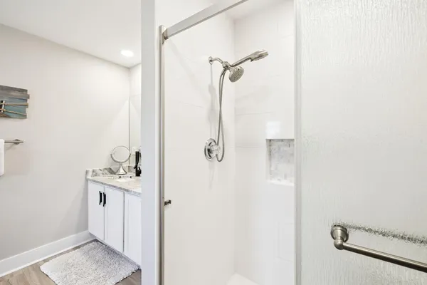 a view of a bathroom with a shower