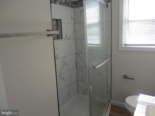 a bathroom with a shower and toilet