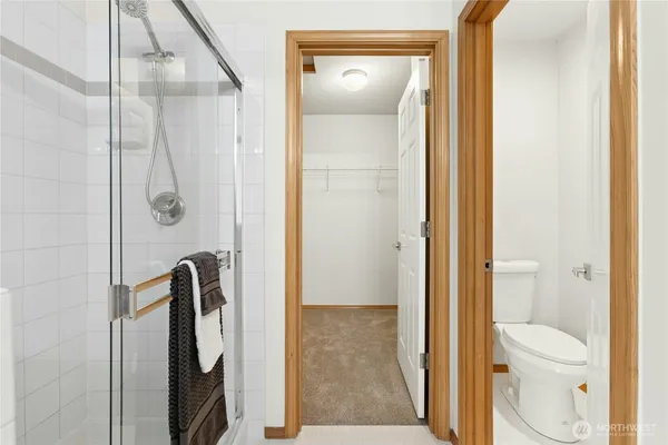 a bathroom with a shower and toilet