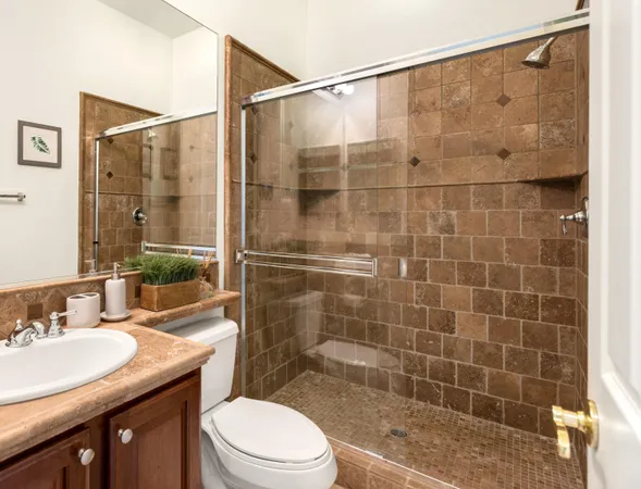 a bathroom with a sink a toilet a mirror and shower
