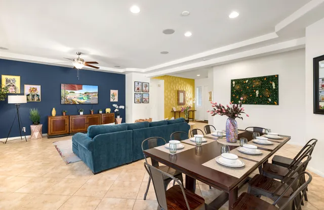 a view of a dining room with furniture