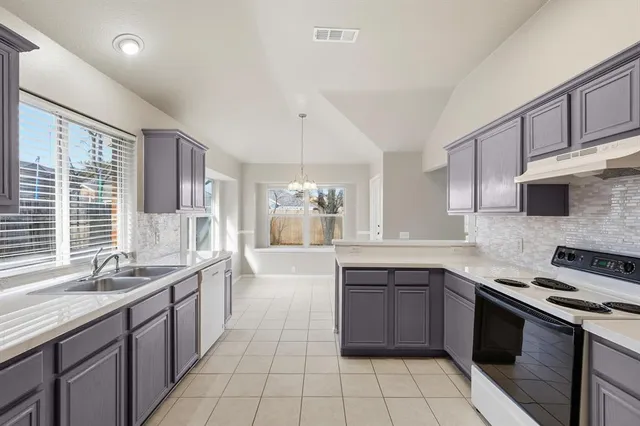 a large kitchen with a sink and cabinets