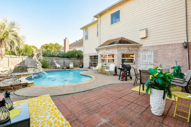 an outdoor space with furniture