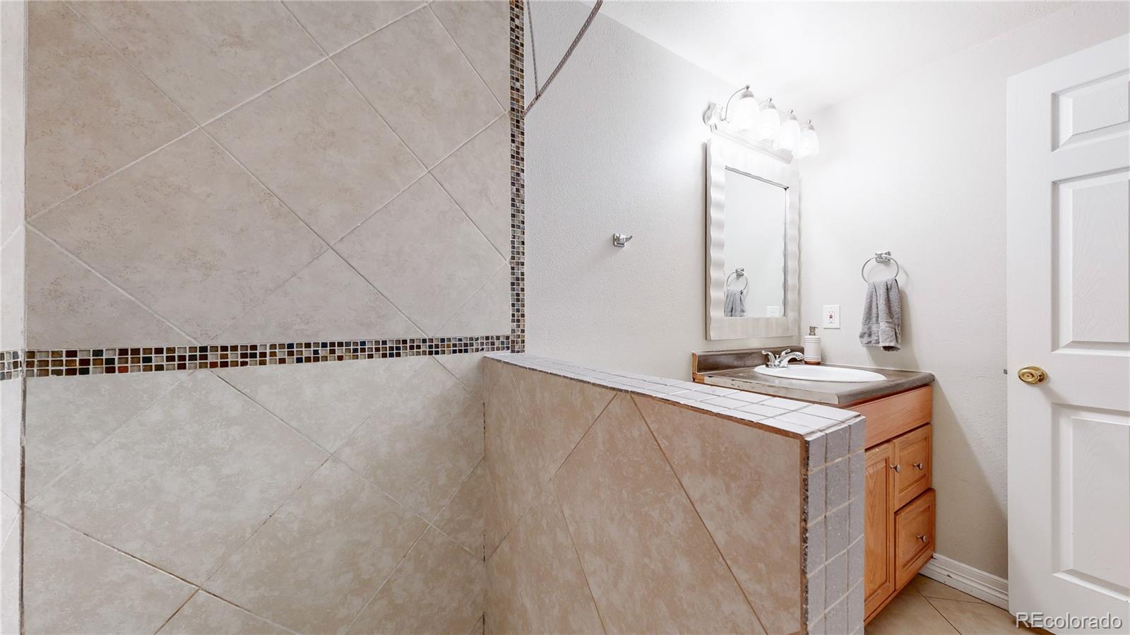 1173 Fall River Circle Longmont, CO 80504 - Photo 21 of 47 a bathroom with a sink a mirror and a shower