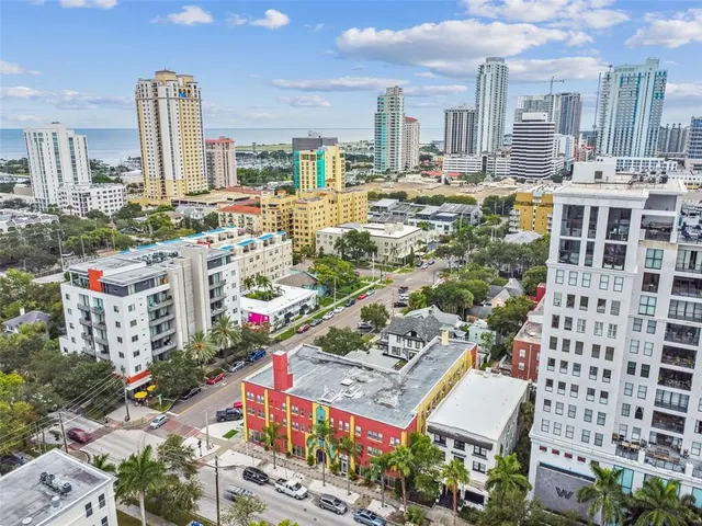 a city view with tall buildings