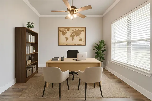 a view of a workspace with furniture and a large window