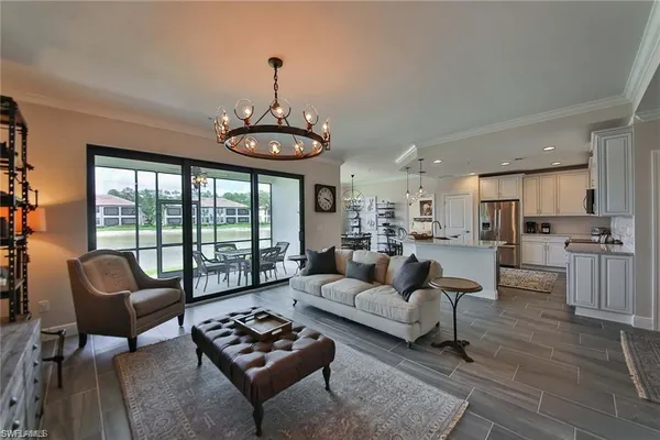 a living room with furniture and a table