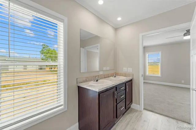 a bathroom with a sink a vanity and a large mirror
