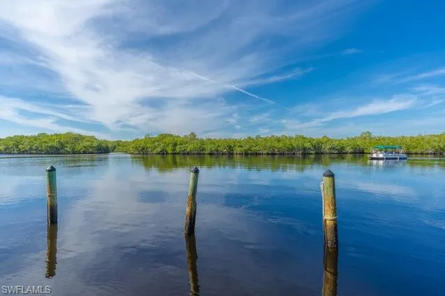 a view of a lake with houses in the back