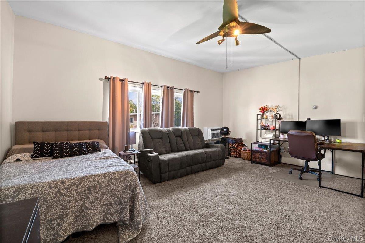 267 North Newbridge Road, Unit 2D Levittown, NY 11756 - Photo 6 of 22 Carpeted room featuring a ceiling fan with light fixture, multiple windows with curtain rods, and neutral wall tones