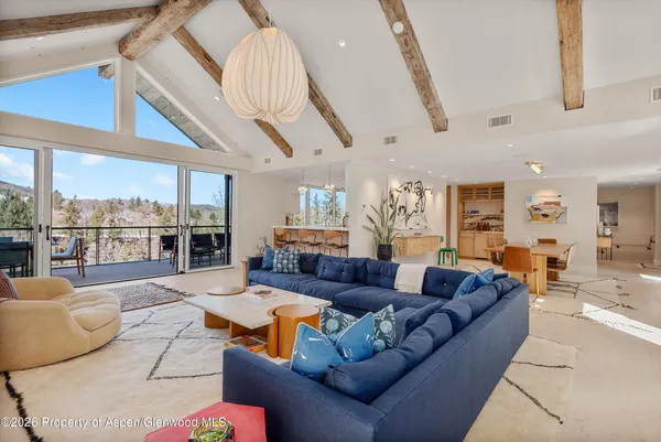 a view of a dining room with furniture
