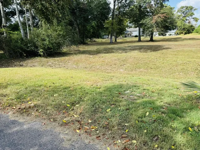 a view of dirt field with trees in the background