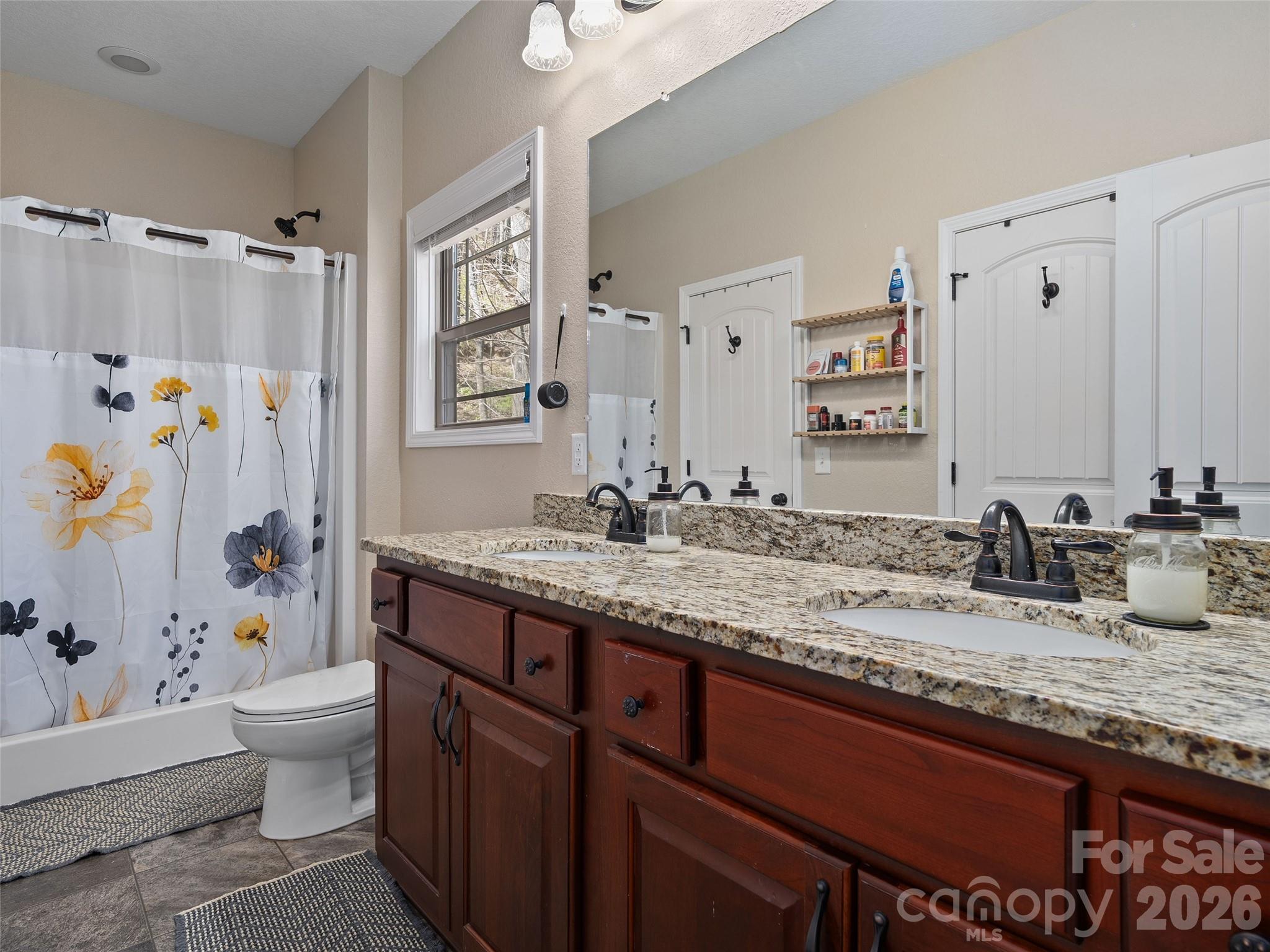 4823 Max Patch Road Clyde, NC 28721 - Photo 19 of 32 a bathroom with a granite countertop sink toilet and shower