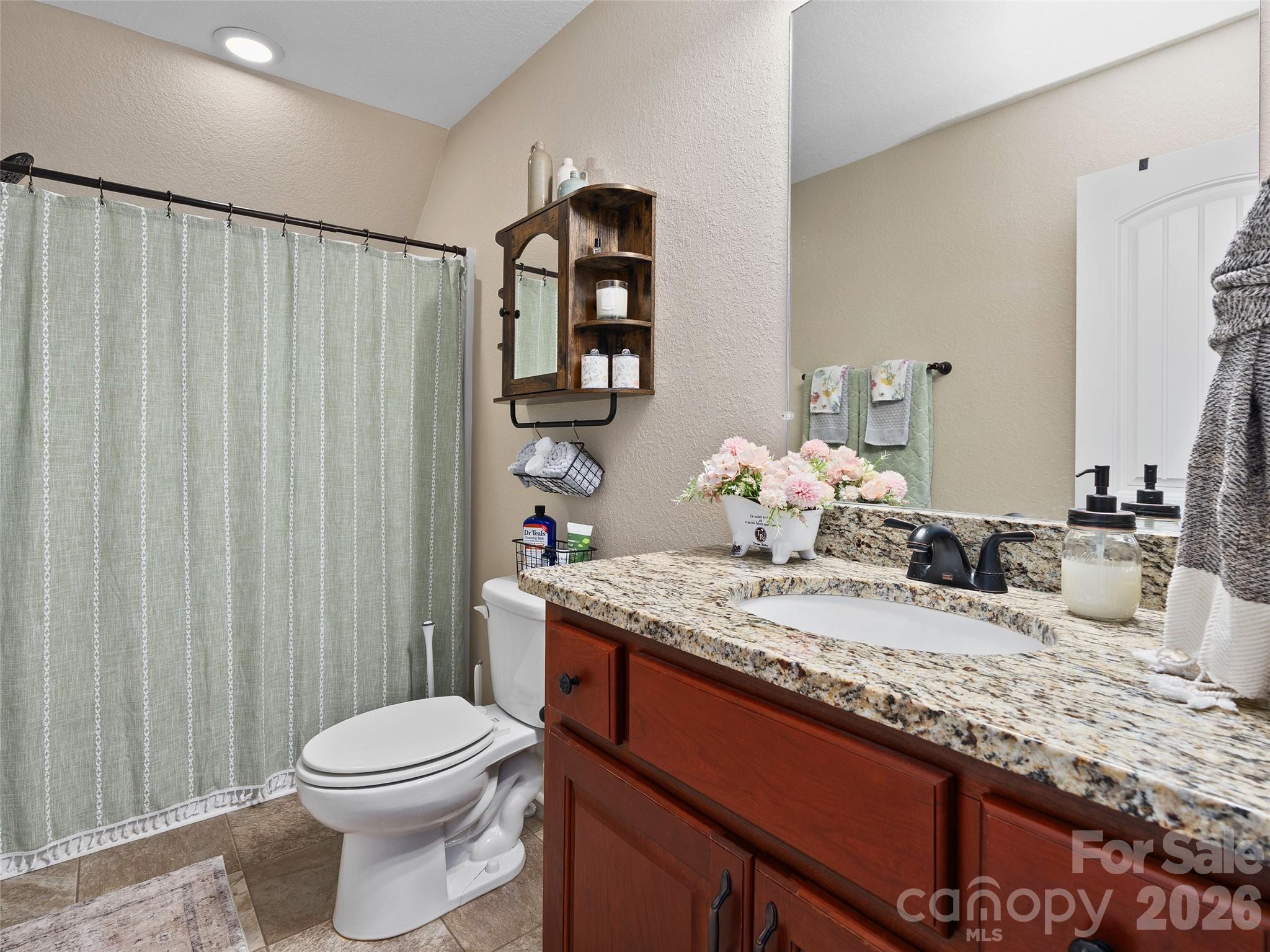 4823 Max Patch Road Clyde, NC 28721 - Photo 24 of 32 a bathroom with a granite countertop sink and a mirror with toilet