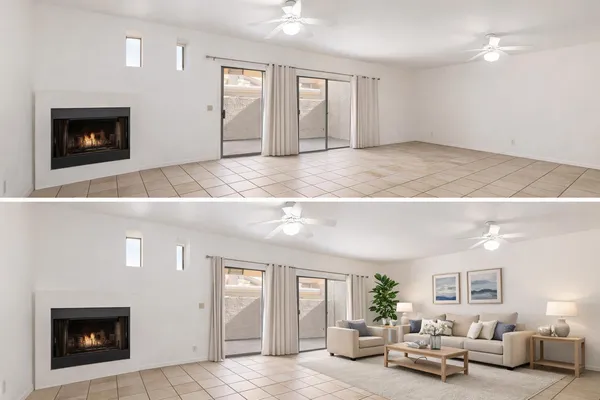 a living room with furniture and a fireplace