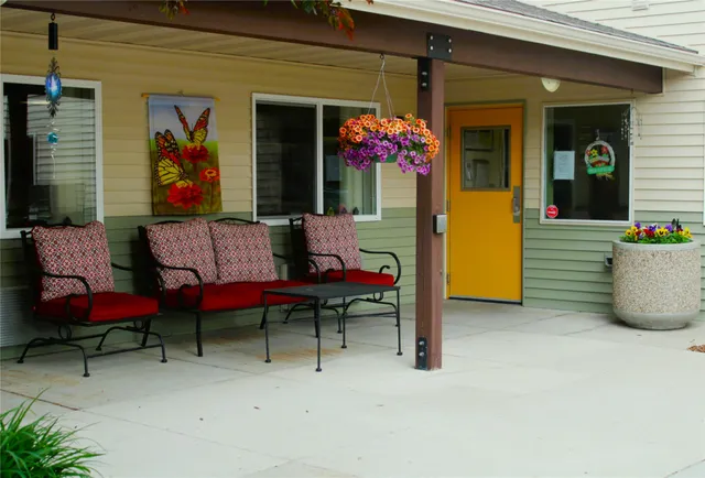 a outdoor space with a bench and a couch