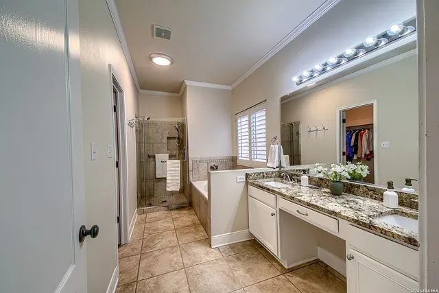 a bathroom with a granite countertop sink a mirror and a shower