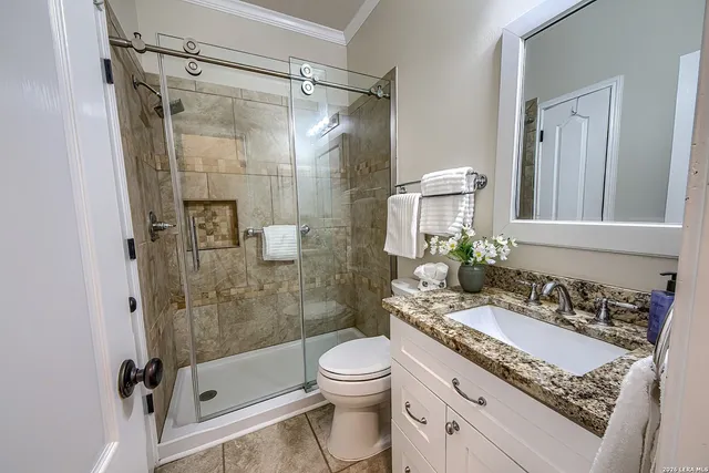 a bathroom with a granite countertop sink toilet a mirror and shower