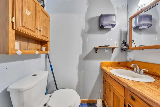 a bathroom with a sink a toilet and a mirror